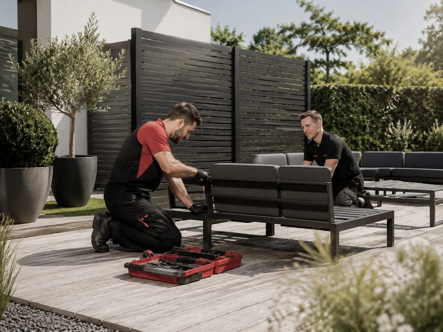 Aufbau von Lounge-Gartenmöbeln im gepflegten Garten