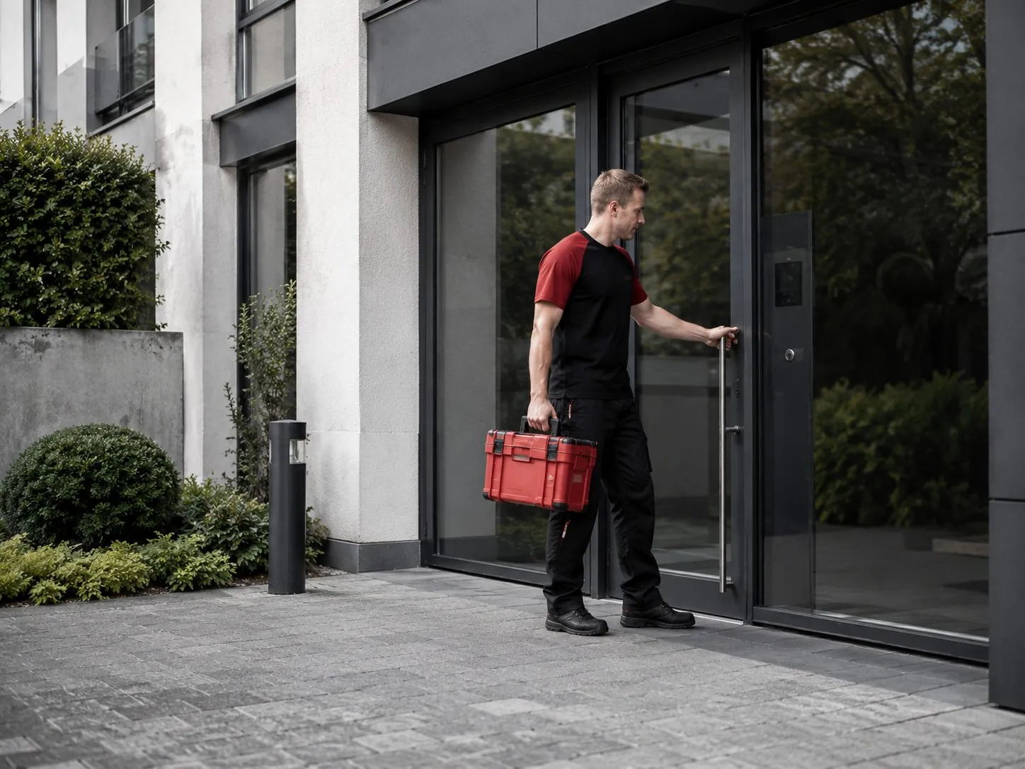 Hausmeisterservice und Objektbetreuung in Düsseldorf — Monteur am Objekteingang